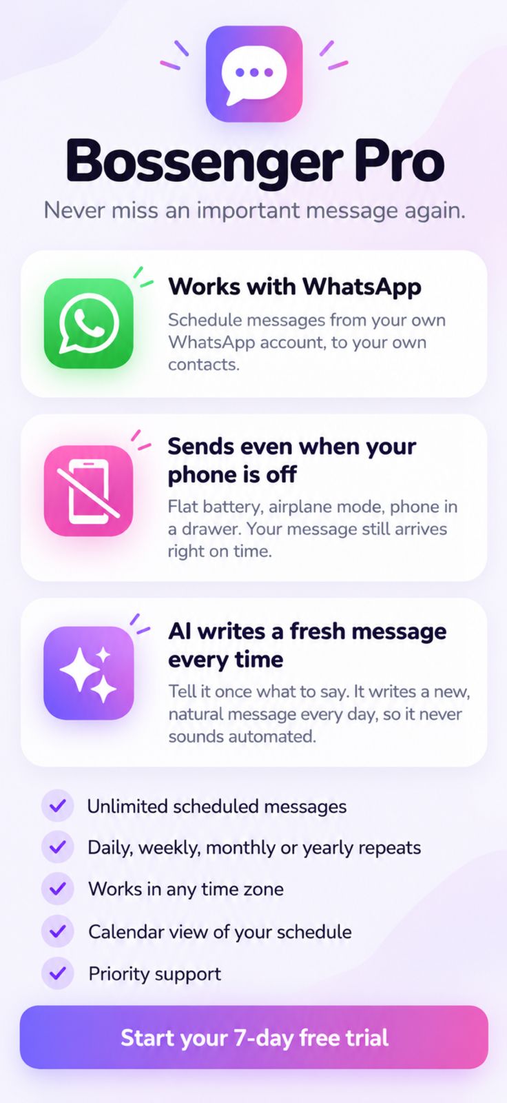 Original Bossenger Pro graphic listing WhatsApp support, AI writing, recurring schedules and trial