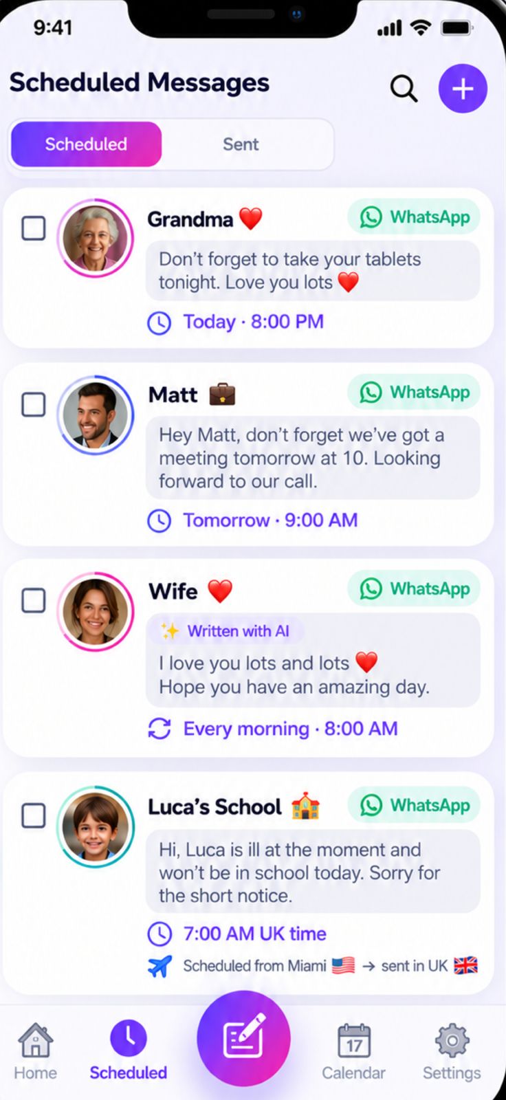 Real Bossenger WhatsApp scheduled messages screen with upcoming family and work messages