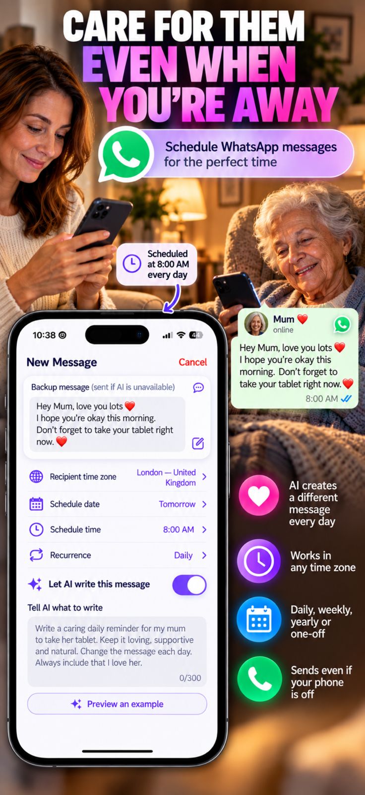 Original Bossenger family care graphic showing a mother and daughter and a scheduled caring message