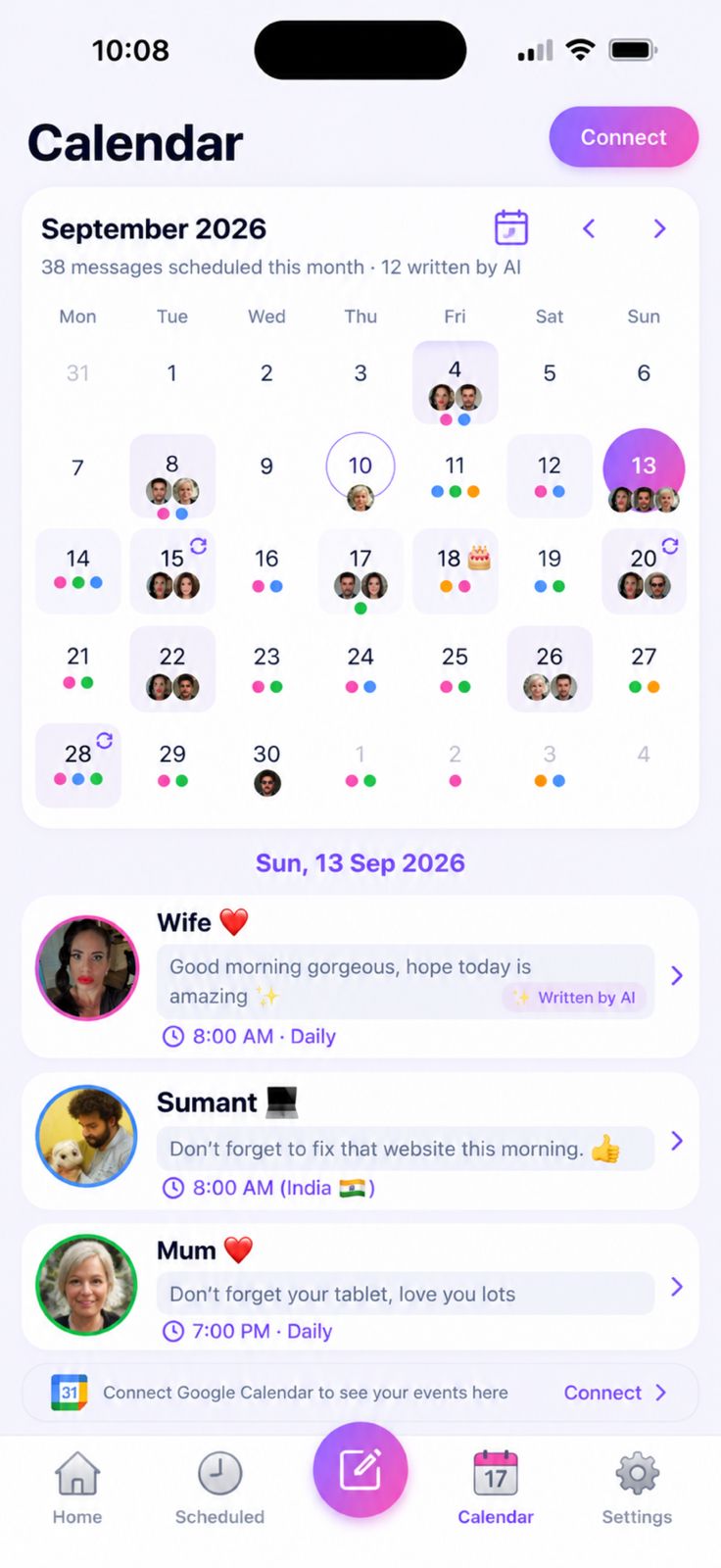 Actual Bossenger message scheduling calendar showing contacts and upcoming sends