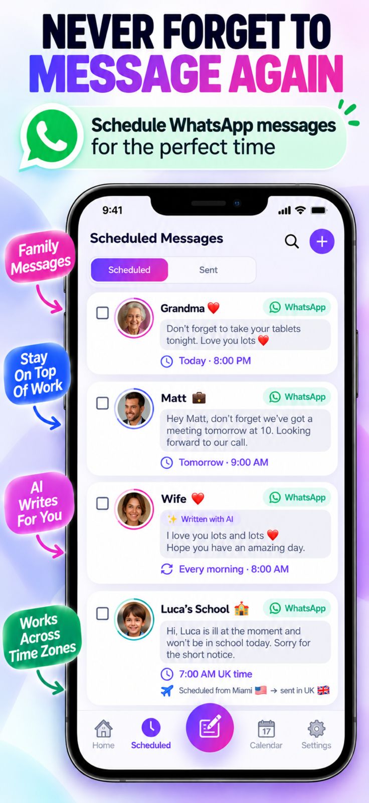 Bossenger scheduled WhatsApp messages shown in the original app graphic