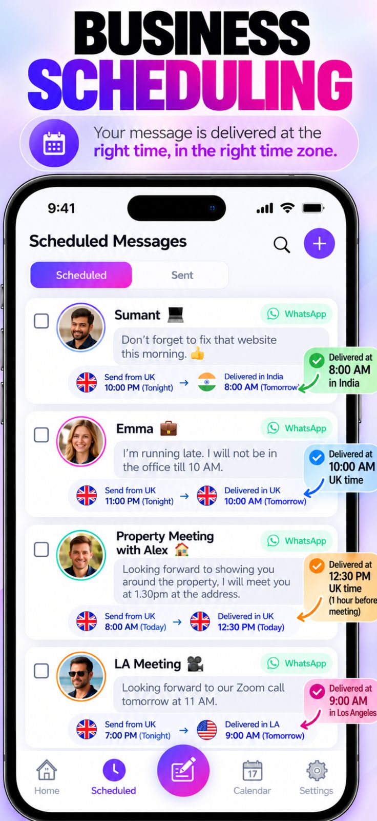 Original Bossenger business scheduling graphic showing multiple timed work messages