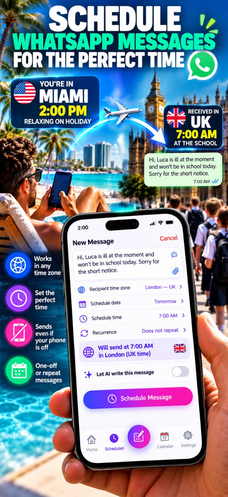 Original Bossenger graphic showing international WhatsApp scheduling from Miami to London